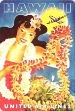 REPRO 4X6 Postcard UNITED AIR LINES ca1940's Hawaii Travel Poster AVIATION