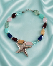 Multi-colored, Faceted Beaded Silvertone Starfish Necklace