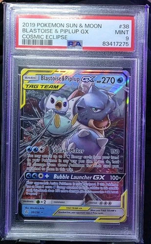 Pokémon TCG Blastoise Piplup GX Holo Card 38/236 Cosmic Eclipse Tag Team, PSA 9