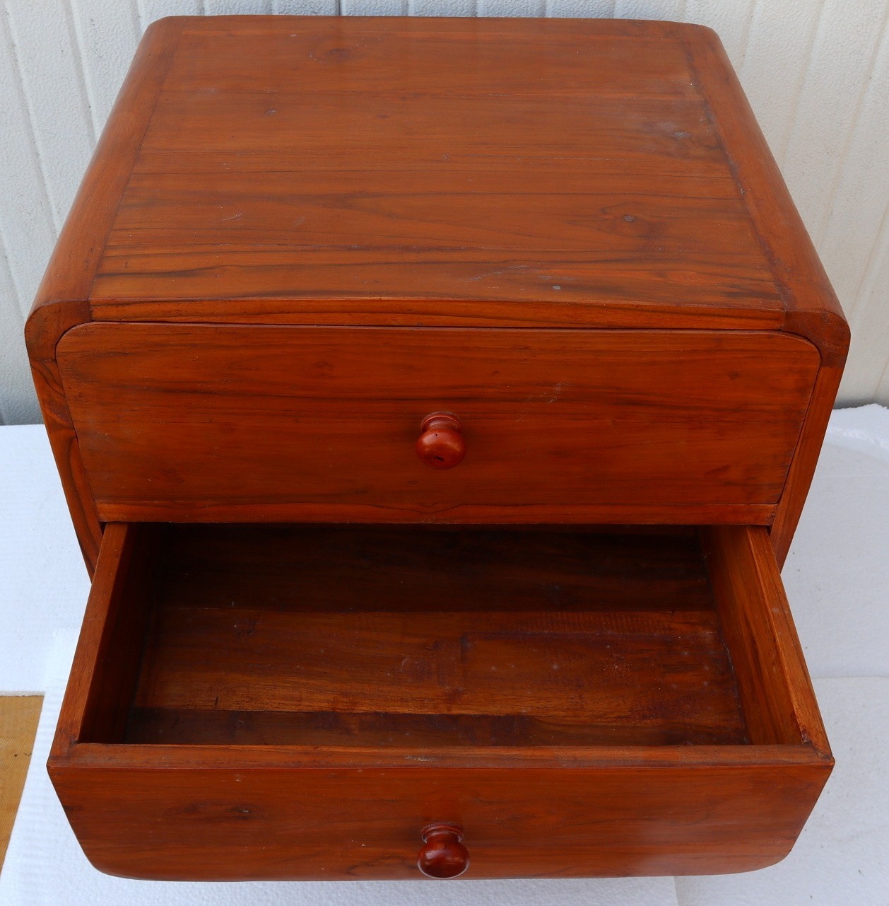 70s Style Solid Teak Bedside Table with V-Legs and 2 Drawers Natural Color