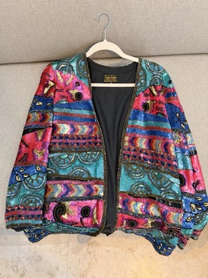 Creative Creations Beaded Geometric Multicolor Open Jacket Women s M Party