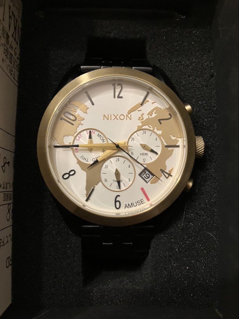 Nixon Bullet Chrono Watch World Map Gold Black Stainless Steel Used