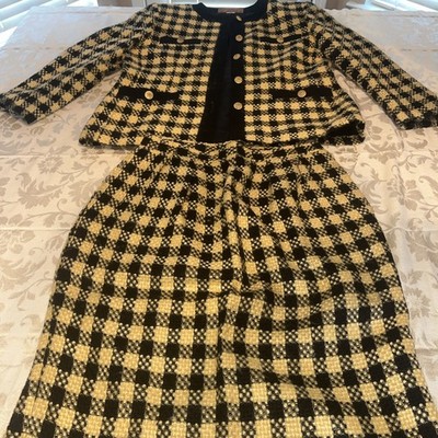 Savior Classic Black And Yellow Tweed Skirt Suit