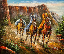 Oil Painting 20x24 Cowboy riding horse, Western, desert tree canyon landscape