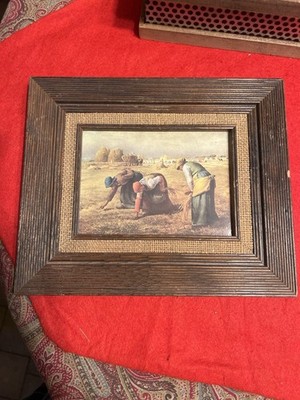 Vintage Framed  The Gleaners  Millet Print Rustic Farmhouse Burlap Wood Frame