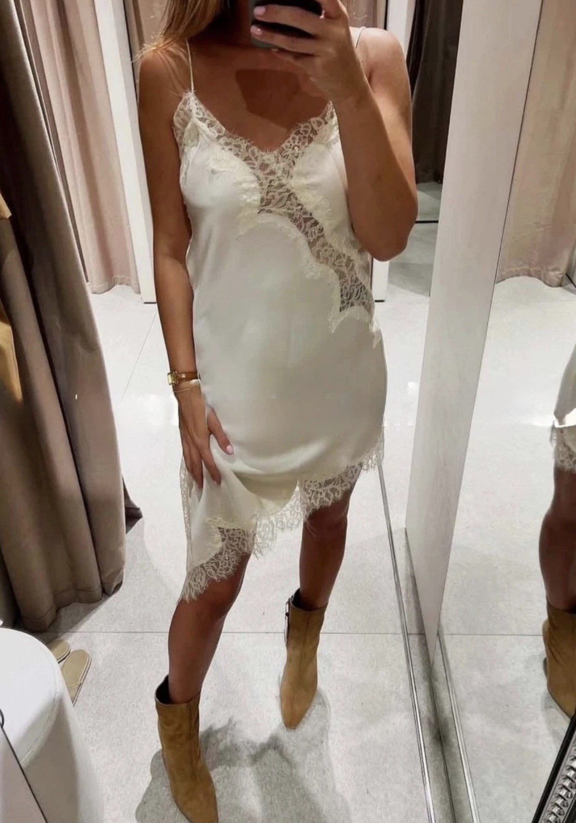 ZARA STRAPPY ZW COLLECTION ASYMMETRIC SATIN LACE CAMISOLE DRESS WHITE  5919/200  thumbnail 3