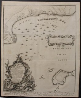 CADIZ BAY OF BULLS SPAIN 1745 JAMES BASIRE UNUSUAL ANTIQUE COPPER ENGRAVED MAP