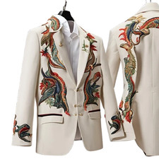 Men's White 2-Piece Suit Floral Embroidered Western Wedding Prom Slim