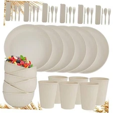 42-Piece Wheat Straw Dinnerware Sets for 6,Unbreakable Plates and Bowls White
