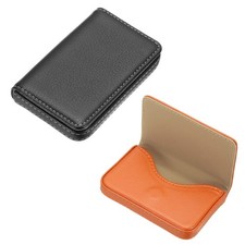 PU Leather Business Card Holder, 2Pcs Card Case with Magnetic, Orange/Black