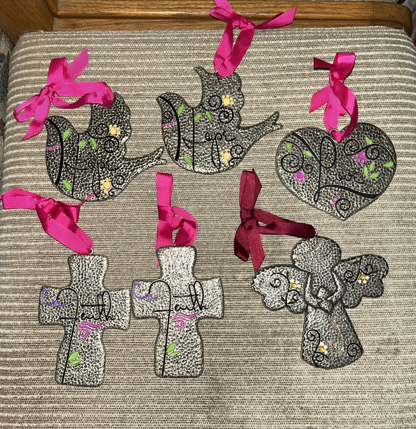 Set Of 6 Kirkland Heavy Hammered Metal Angel & Bird & CrossChristmas Ornaments