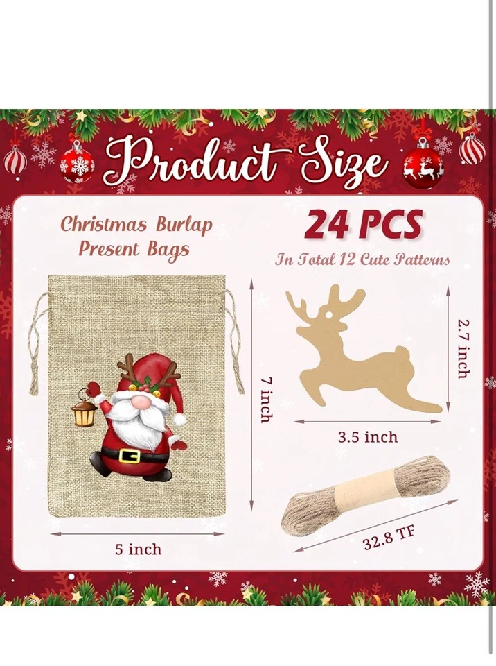 24 шт. рождественская мешковина с шнурком льняная многоразовая подарочная сумка для рождественской вечеринки - Изображение 3 из 4