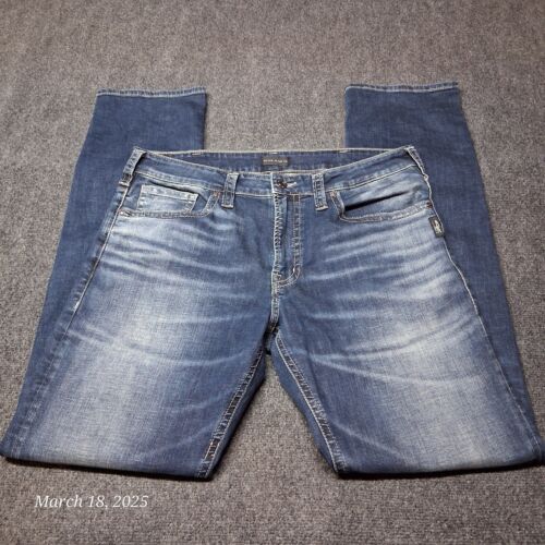 Silver Jeans Men Sz 36x36 Dark Blue Eddie Straight Leg Whiskered Fade Wash
