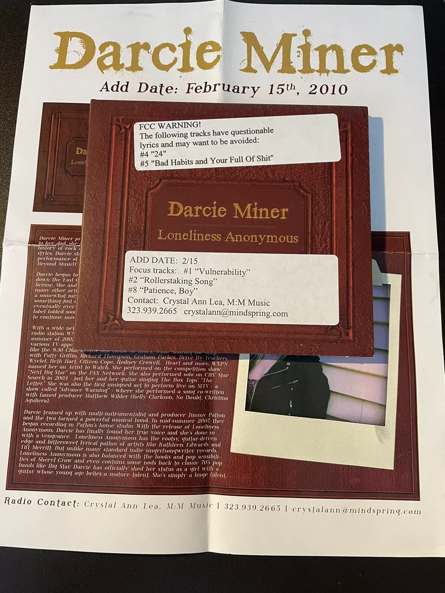 CD DARCIE MINER LONELINESS ANONYMOUS PROMO ALBUM W RADIO PRESS SHEET 2009  FOLK