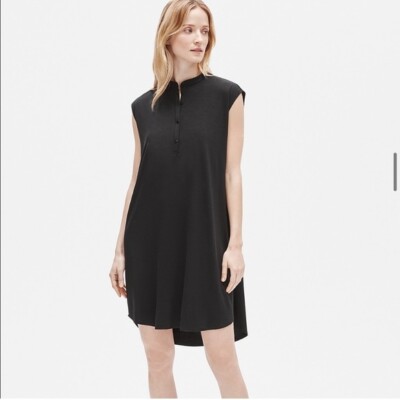 eileen fisher mandarin collar shirt dress Mini Check Crepe Mandarin Collar Dress