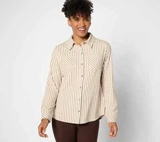 Denim & Co. Striped Heavenly Jersey Button Front Top-Warm Taupe-Large A635975