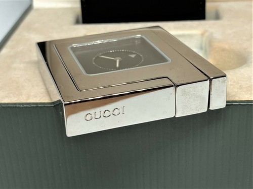 Working! Auth GUCCI Square Travel Table Clock & Leather Case Set Quartz Silver - Picture 5 of 12