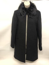 Elle Wool-blend Black Zip-down Winter Coat With Detachable Faux Fur Collar Uk 10