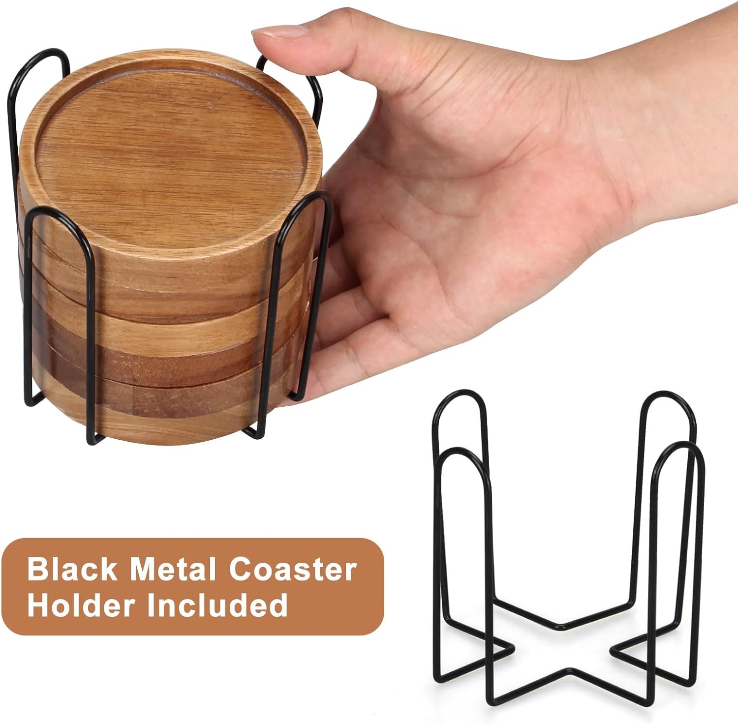 6 Pcs Best Wooden Coasters with Holder Coffee Table Decor Acacia Wood 