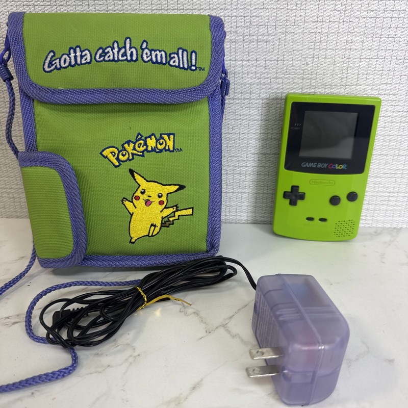 Nintendo Game Boy Color Kiwi Lime Green CGB-001 Handheld AC Pokemon Storage Case