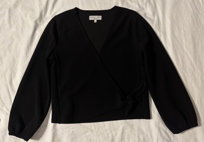 Madewell Texture & Thread Wrap Tie V-Neck Long Sleeve Black Top Blouse, Size S