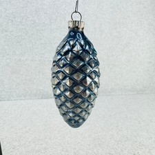Shiny Brite Glass Pinecone Ornament Blue Silver Christmas 4" Vintage USA