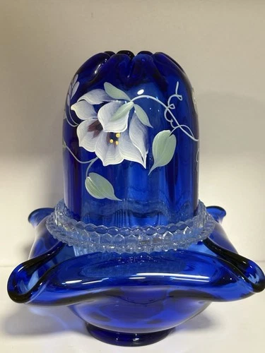 Fenton 95th Anniversary Signed Cobalt Blue Floral Glass Fairy Lamp