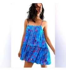 Intimately Free People Get A Clue Mini Dress Blue XS Trapeze Swing Top
