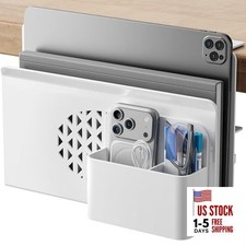 Desk Side Storage, Metal Laptop Holder with Magnetic Pen Box, Clamp-On White
