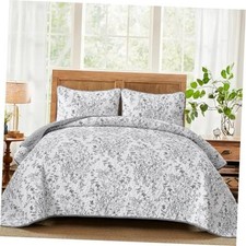 Quilt Size Quilt Bedding Set with 2 Pillowcases, Botanical Quilt Queen Grey