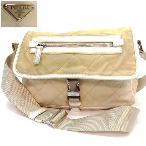 PRADA Schultertasche Handtasche Logo Nylon Leder beige echt - Bild 1 von 24