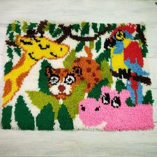 Vintage Jungle Animals Latch Hook Rug Wall Hanging HANGING 20&rdquo;x 27&rdquo; Hippo Parrot