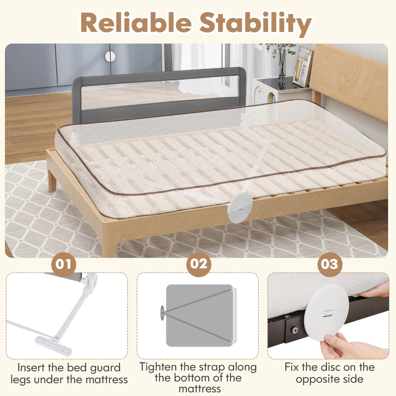 Costway 59" Baby Bed Rail Guard Breathable Material Safety Swing Down Home Gray