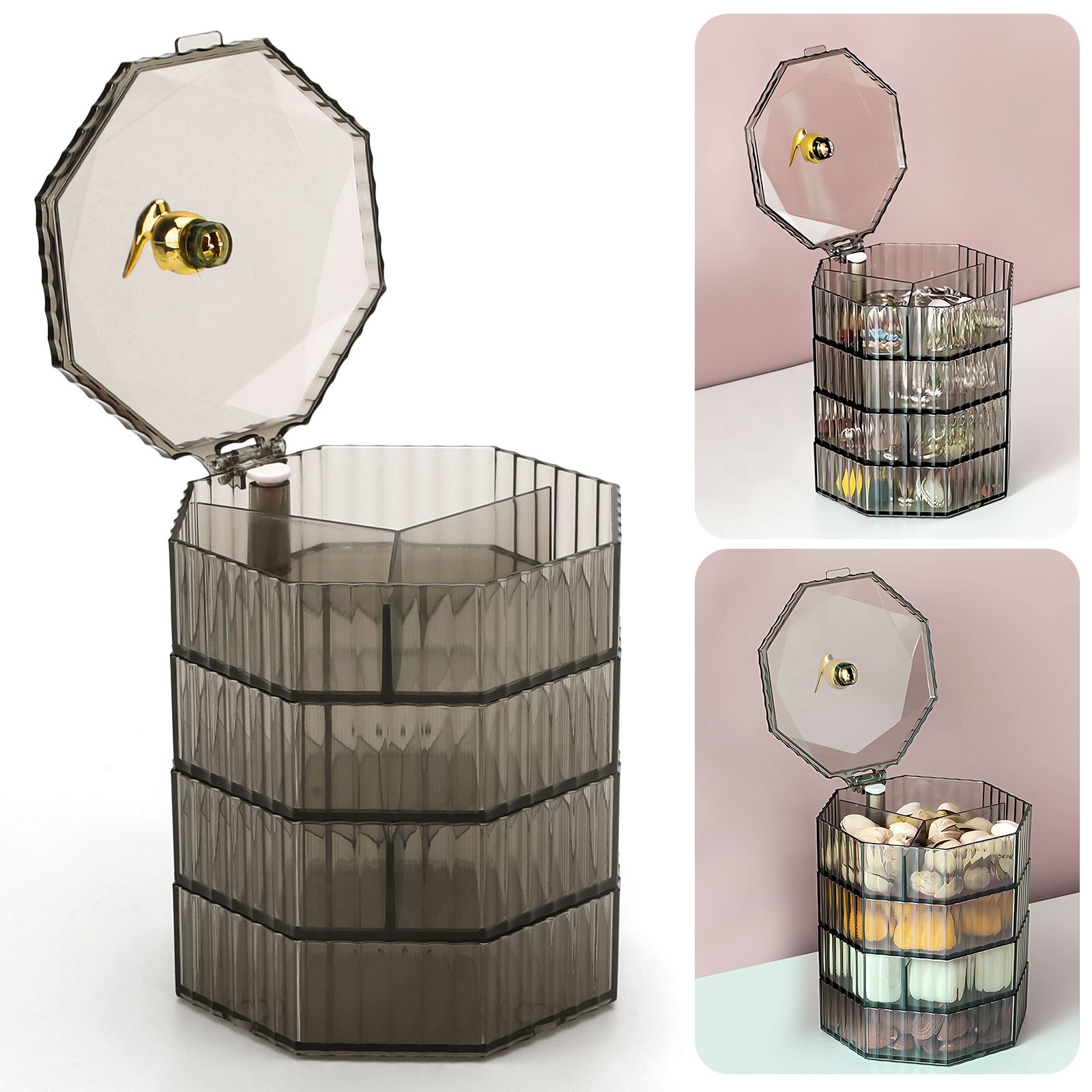 Rotating Jewelry Organizer Box with Drawers for Rings Earrings Makeup Storage-image