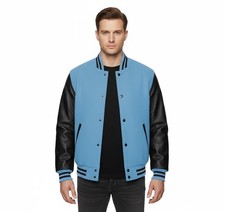 Varsity Letterman Baseball Bomber S.Blue  Wool Black Leather Retro Sports Jacket