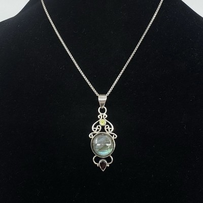 Sterlingsilber 2'' Labradorit Peridot Granat Anhänger Halskette offene Schnörkelarbeit