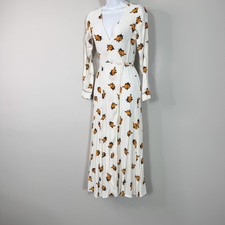 GANNI Dress Womens 36 White Floral Wrap Long Sleeve Midi Tie Waist V Neck Boho