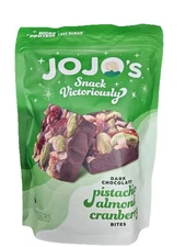 Jojo’s Dark Chocolate Pistachio Almond Cranberry Bites 10 Ounce Bag. Non GMO
