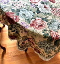 Table cloth 70 x 54, flowers on gray, linen blend, ribbon trim, new handmade