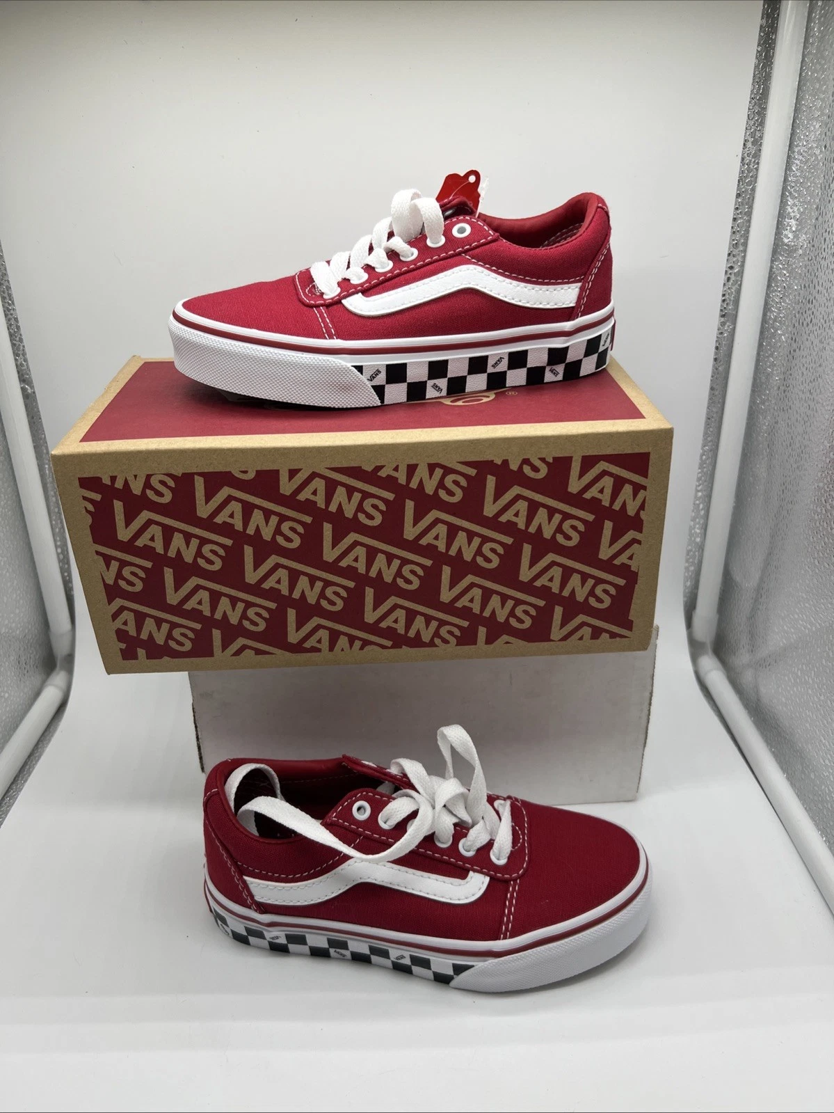 SCARPE VANS UNISEX BAMBINI OFF THE HALL CHECK STRINGATE LATERALI TELA ROSSE TAGLIA 12Y