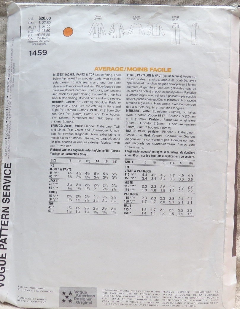 Vogue 1459 Misses jacket, pants, and top pattern, 8, 10, 12, Calvin Klein, uncut thumbnail 4