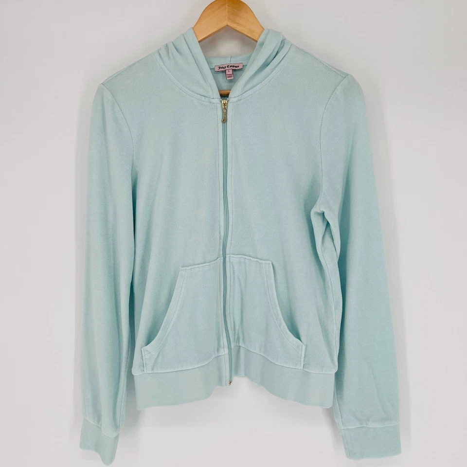 Sudadera con capucha vintage Juicy Couture Y2K terciopelo cremallera para mujer L azul claro Baddie Bling Foto 2 de 4