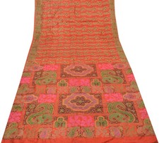 Sushila Vintage Orange Saree 100 Pure Silk Printed Paisley Soft Craft Fabric