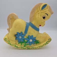 Vtg 1960's Plastic Rocking Horse Chimes Rattle Jingle Toy Yellow w/Blue Flowers