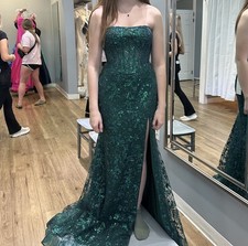 Women's Green Strapless Sequin Formal Long Gown with Train Slit
