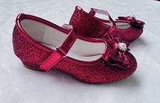 Girls Mary Jane Flats Pink Red Glitter Bow Pearl Non-Slip Rubber Sole