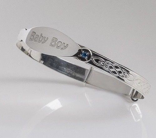 Sterling Silver Baby Boy Bangle Bracelet with Blue Stone and Gift Box-image