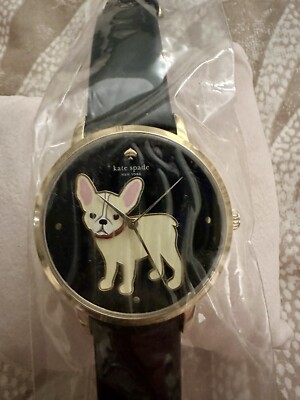 Kate Spade Metro Puppy Black Gold Bulldog Puppy Dog Leather Watch