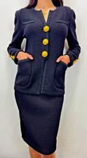 Vintage ADOLFO 2PCS Wool Blazer Skirt Suit S Black Knit Gold Buttons Pockets