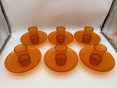 (6) EUC Vtg The Plate Mate Corp. Orange Snack Plates w/ Cup Holders & Cups, MCM